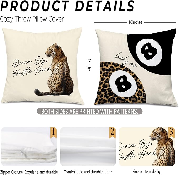 Trendy Lucky Girl 8 Ball Leopard Throw Pillow Covers 18x18, Cheetah Print Room Decor, Funky Y2K Leopard Print Motivational Decorative Pillow Covers for Girls Room Dorm Apartment Home, Set of 2
