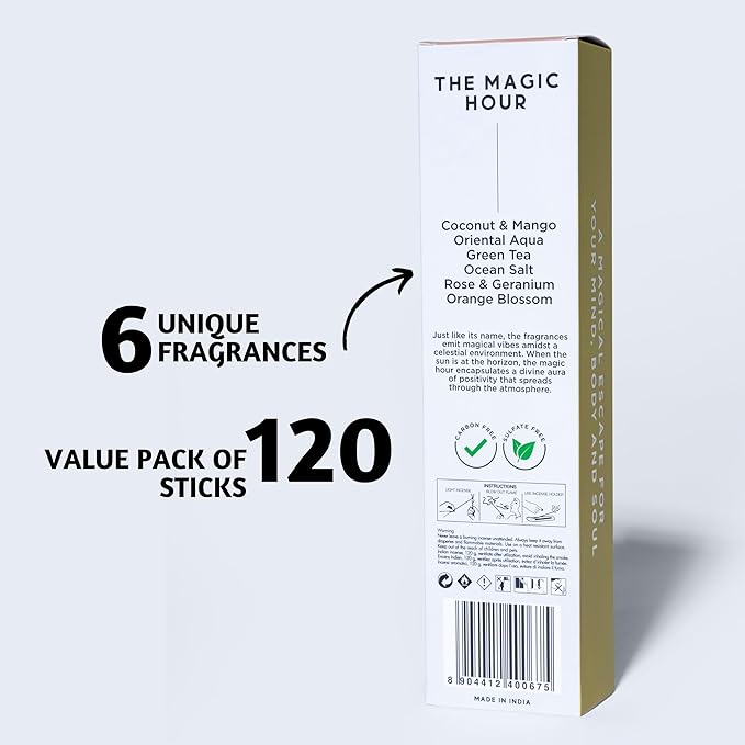 Folkulture Incense Sticks | Set of 6 (120 Organic Insence-Sticks) for Positive Aura with 45 Mins Burn Time | Non Toxic Coconut Mango, Aqua, Green Tea, Rose Geranium, Orange Blossom Inscents-Sticks
