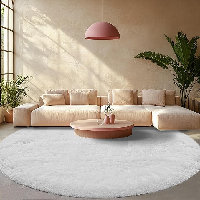 Round Area Rug for Living Room: White Shag Rugs for Bedroom- 7x7 Feet Fluffy Round Rugs for Living Room- Shag White Rugs Soft Plush Indoor Carpets for Bedroom, Nursery, 7ft