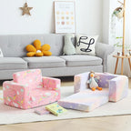 Toddler Chair Kids Couch, 2-in-1 Comfy Armchair with Removable and Washable Cover Carrying Handle, Convertible Reading Chair Toddler Couch for Girls and Boys, Pink Rainbow