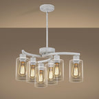 6-Light Antique White Chandelier with Clear Glass Shade, French Country Chandeliers for Dining Room, Adjustable Height Hanging Farmhouse Pendant Lighting for Kitchen Island Entryway Office