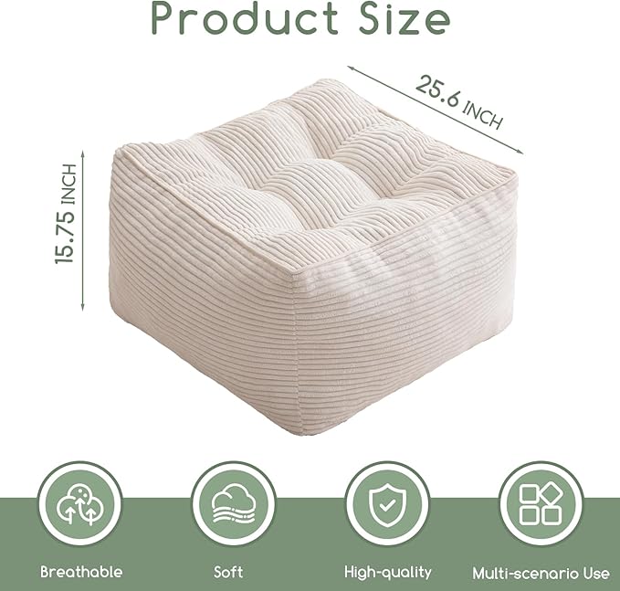 HIGOGOGO Square Stuffed Pouf Ottoman, Corduroy Poufs with Foam Chunk Filling, Furry and Fluffy Pouf Foot Stool Storage Ottoman, 25.6 X 25.6 Floor Poufs Foot Rest for Living Room, Beige