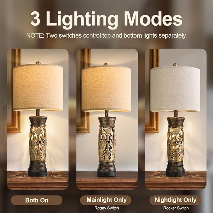 BOBOMOMO 27.25” Antique Gold Table Lamps Set of 2 – Farmhouse Bedside Lamps with Night Light & USB A+C Ports, Vintage Lamps for Bedroom, Living Room, Entryway, Nursery, Reading Nook(Bulbs Included