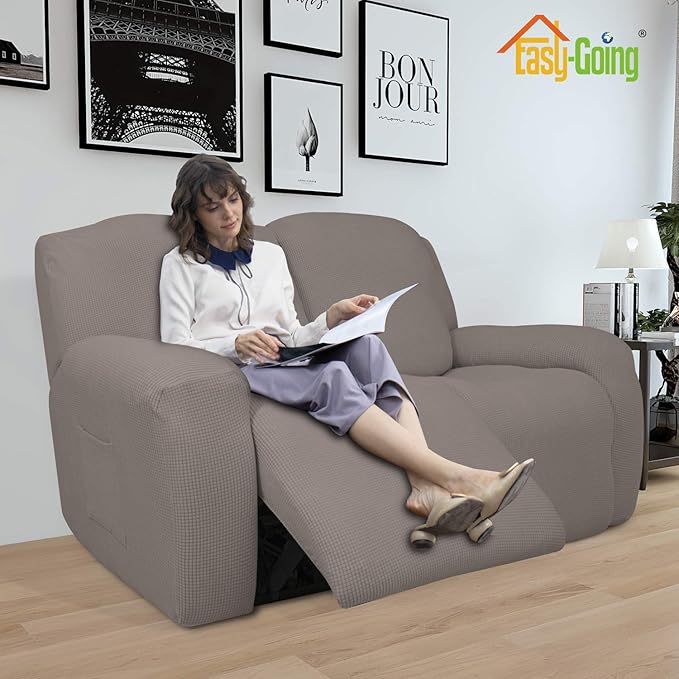 Easy-Going 6 Pieces Recliner Loveseat Stretch Sofa Slipcover Sofa Cover Furniture Protector Couch Soft with Elastic Bottom Kids, Spandex Jacquard Fabric Small Checks Taupe