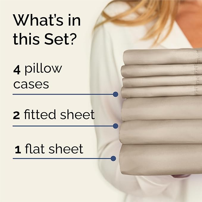 Split King Sheets Set 7 Piece - Includes 4 Pillowcases - Bed Sheets Split King - Soft Hotel Luxury Bedding - Cooling, Comfy & Breathable - 1 Flat & 2 Fitted & 4 Pillowcases w/ Deep Pockets - Wheat