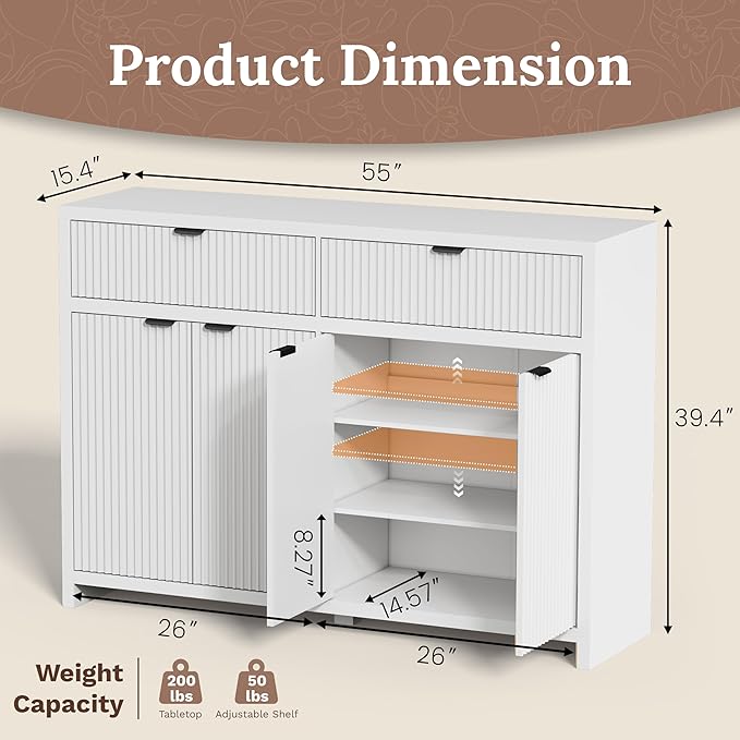 Fluted Sideboard Buffet Cabinet with Storage Drawers, 55" Large Accent Storage Cabinet with Doors and Adjustable Shelf, Modern Farmhouse Credenza for Entryway, Kitchen, Living Room - White
