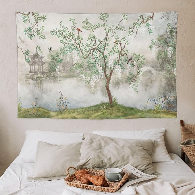 HZOHNAGO Japanese Tapestry Tree Misty Garden Lake Printed Wall Tapestry Ink Painting Wall Hanging for Bedroom Living Room Dorm 60" W x 40" H