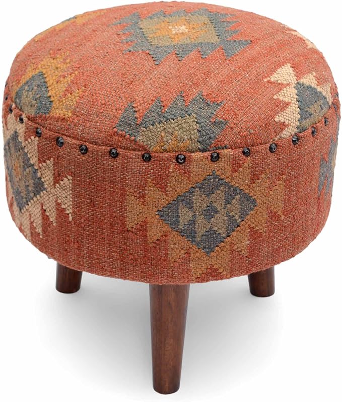 Handmade Kilim Jute Pouf Ottomans Wooden Seating Stool for Living Room, Bedroom (16" D x 16" W x 16" H) (Red)