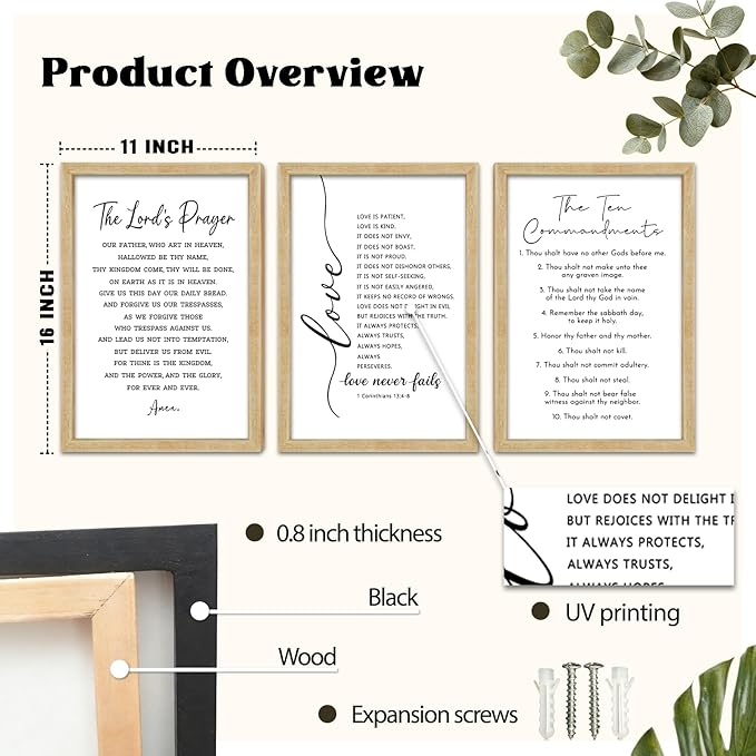FZMHASLWW Scripture Bible Verse Wall Decor Art 16"×11" Set of 3 Christian Sign Wood Framed Wall Hanging (Wood)