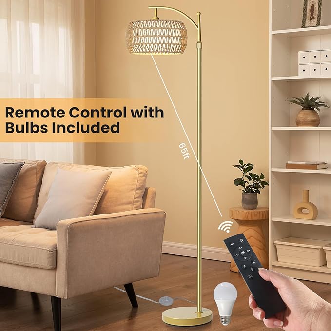 Arc Floor Lamp for Living Room,Farmhouse Floor Lamps with Remote Control & Dimmable Bulb,Gold Boho Rattan Tall Standing Lamp for Bedroom Office