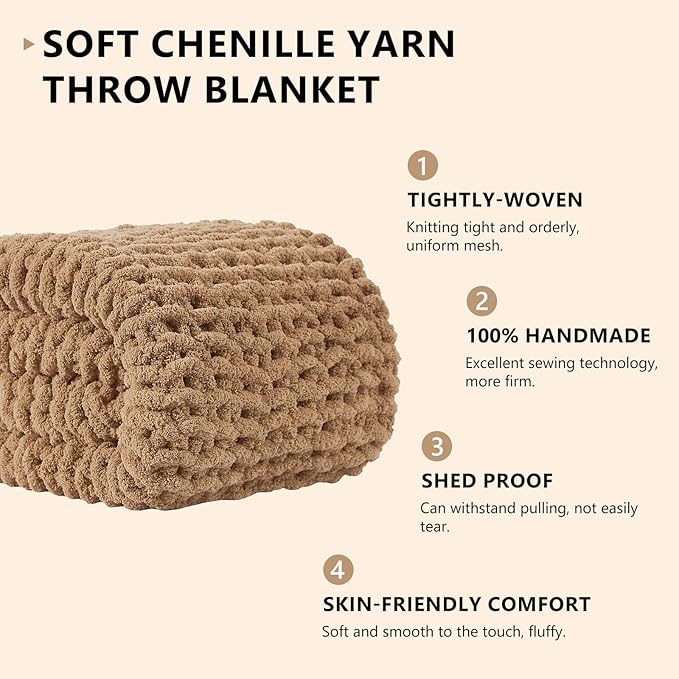 L'AGRATY Chunky Knit Blanket Throw: 72''x84'' Chenille Chunky Knitted Throw Blankets for Bed Couch - Handmade Thick Big Cable Knit Blanket - Large Crochet Rope Blankets for Home Decor(Tan)