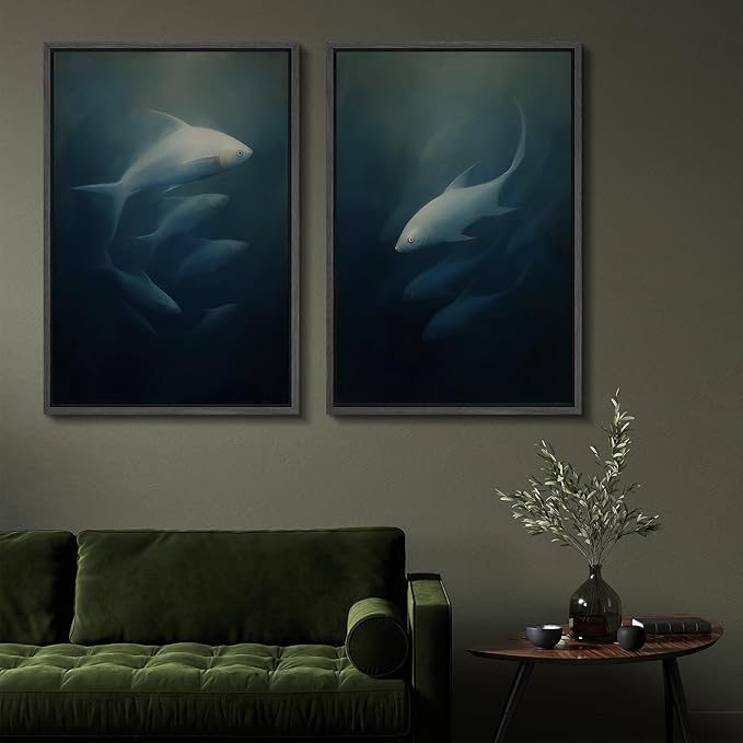 SIGNFORD Framed Canvas Print Wall Art Set Deep Sea Fish Serene Underwater Life in Dark Tones Illustration Modern Art Decorative Nordic Nature for Living Room, Bedroom, Office - 16"x24"x2 Black