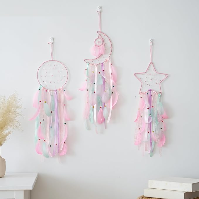 3 Pack Pink Star Moon Sun Dream Catcher - Pink Dream Catchers for Girls Room Decor, Teen Girl Room Decor, Grils Bedroom Decor,Gril Room Decor,Teen Room Decor for Girls