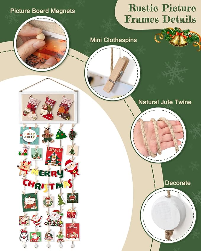 Bikoney Large Collage Picture Frame with Bulletin Board, Hanging Photo Display for Multiple Pictures, Wall Photo Organizer with 30 Clips & 6 Pushpins, Self Adhesive Hooks – No Drill Wood Photo Board for Room Decor