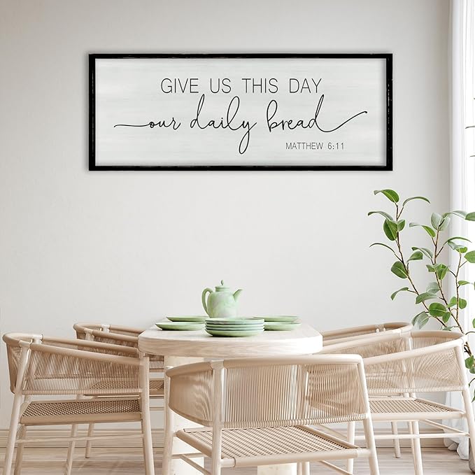 ZZJJHYWGQ Give Us This Day Our Daily Bread Sign 32"×12" Rustic Kitchen Dining Room Wall Decor Farmhouse Scripture Matthew 6:11 Religious Wall Art Bible Verse Christian Quotes Catholic Plaque (Black)