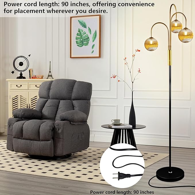 Lightdot 70IN Dimmable Floor Lamp for Living Room, 3 Light LED Tree Floor Lamps with 3Pcs Glass Globe, 3000K Soft Warm White for Wedding/Party, Mid Century Standing Tall Lamp for Bedroom-Black&Gold