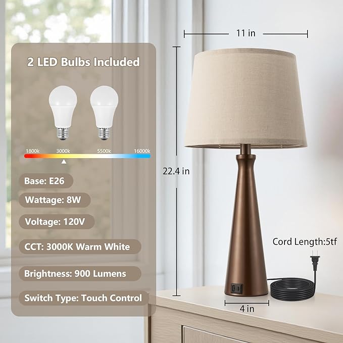 Seealle Modern Table Lamps Set of 2 - Touch Bedside Lamp for Nightstand with USB C+A,3-Way Dimmable Brown Nightstand Lamps for Living Room Bedroom End Table with Oat Shade(Bulb Included)