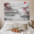 Cherry Blossoms Tapestry,Japanese Red Landscape Watercolor Abstract Art Tapestry,Asian Japanese Wall Tapestry, Nature Landscape Tapestries for Bedroom Living Room Decor 80"x60"