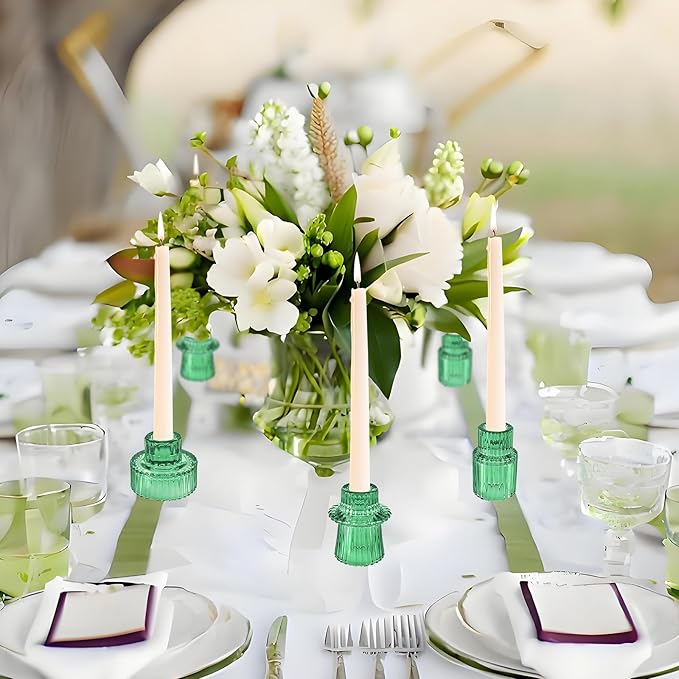Double Sided Vintage Ribbed Taper Glass Candle Holders,Tea Candle Holder for Table Centerpieces, Wedding Decorations and Dinner Parties (Green, 6 PCS)