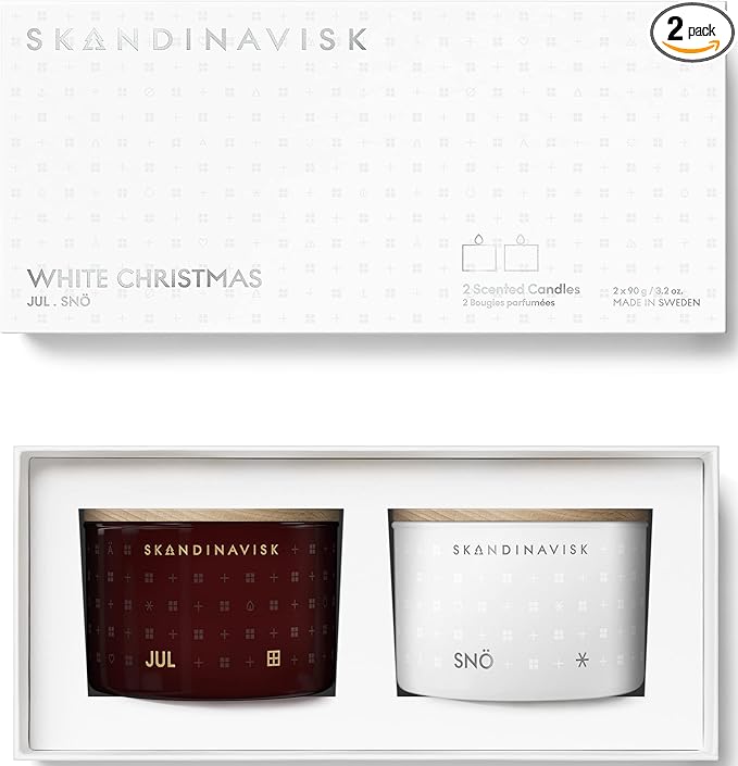Skandinavisk White Christmas Giftset of 2 Scented Candles. JUL 'Christmas' and SNÖ 'Snow'. Vegan Formula. 2 x 3.17 oz. Gift Set