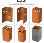 Modern Cor Ten Steel Planter – 28” Tall Planters with Removable Insert Shelf | Heavy-Duty Rust-Resistant Metal Planter Box for Patio, Porch & Garden (14x14x28in)