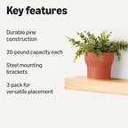 Amazon Basics Wood Floating Wall Shelves, Pack of 3, Pine, 15.8" x 5" x 1.8"