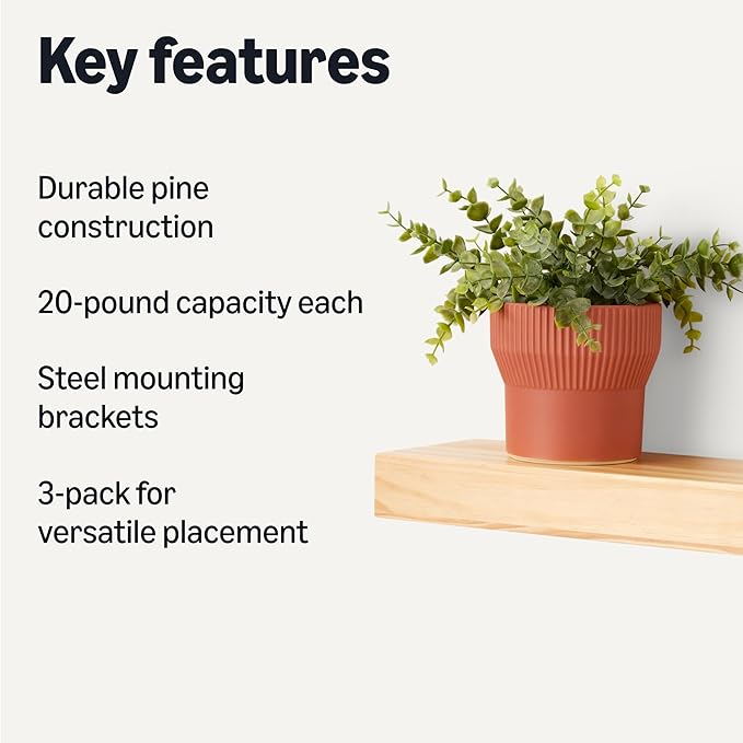 Amazon Basics Wood Floating Wall Shelves, Pack of 3, Pine, 15.8" x 5" x 1.8"