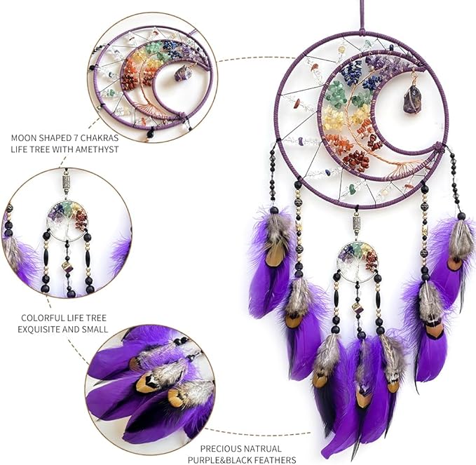 7 Chakras Dream Catchers Moon Tree of Life Dream Catcher Violet Feather Dreamcatcher Wall Decor with Rainbow Healing Crystal Stone Wall Art Hanging for Bedroom Home Decor Bless Gift Wedding Party