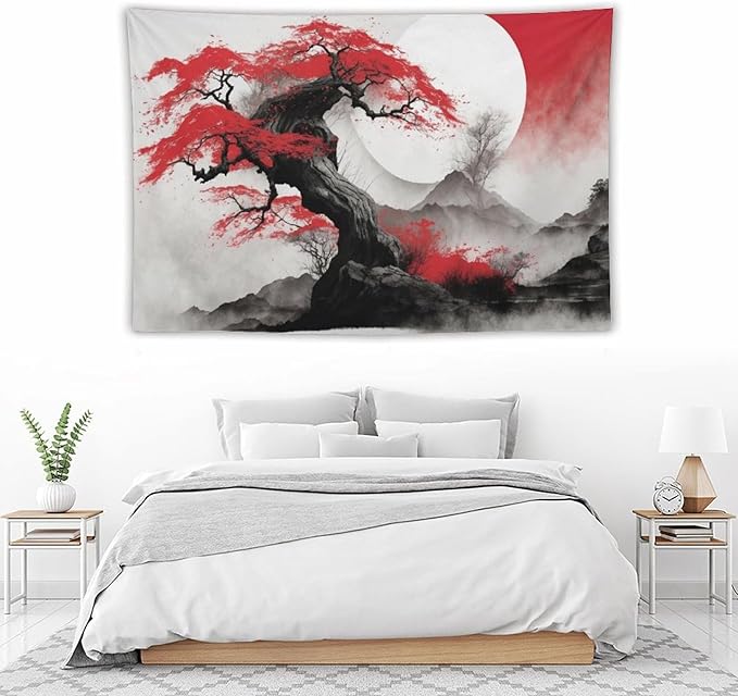 Cherry Blossoms Tapestry, Japanese Red Landscape Asian Watercolor Abstract Art, Bedroom Living Room Decor 90"x60"