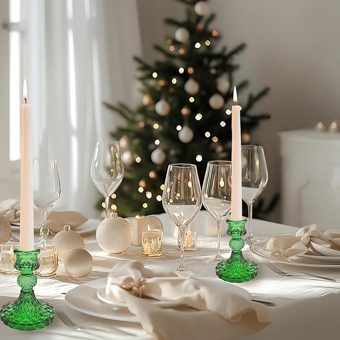 Glass Candlestick Holder,Striped Taper Candle Holders,Set of 6 Candle Stand for Table Centerpieces, Home Decor,Weddings,Festival and Parties (Green Dimond Pattern)