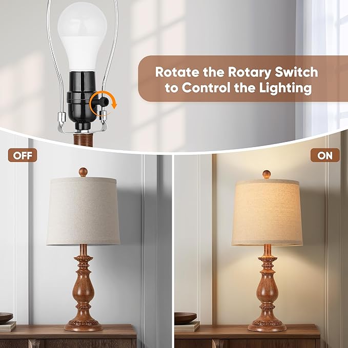 QiMH Farmhouse Table Lamp Set of 2, Rustic Table Lamps for Living Room, Vintage Nightstand Lamp with Rotary Switch, Beside Lamps for Bedroom, Traditional Table Lamps with Linen Shade, Wood Grain