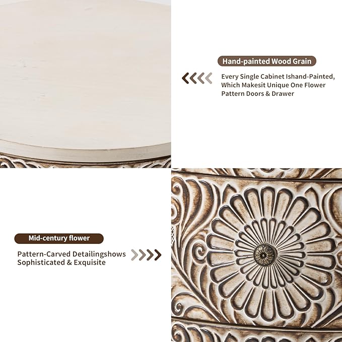 HOMPUS Round End Table with Carved Floral Pattern, Vintage Nightstand w 3 Storage Drawers, Modern 3 Drawer Dresser, Wood Retro Accent End Table for Living Room, Bedroom, Distress White