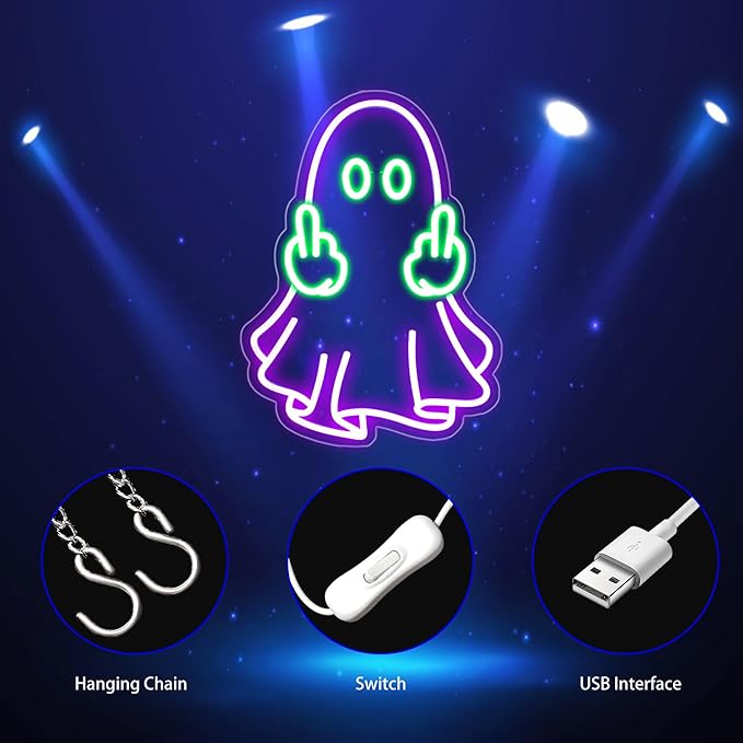 Ghost Neon Sign, Neon Signs for Wall Decor Neon Purple LED Signs Room Neon Light Up Signs Home Decor for Bedroom Club Party Bar Shop USB Operated