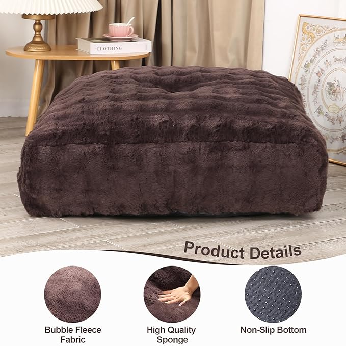 Square Pouf Ottoman, Comfy Lazy Floor Footrest with Memory Foam Filling, Fluffy Bubble Ottoman for Living Room, Office, Brown