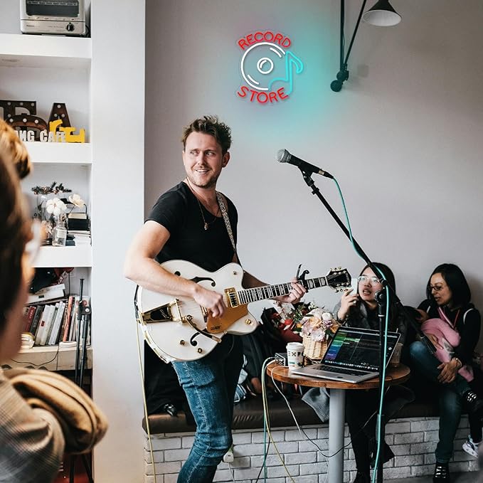 Record Store Neon Sign Music Neon Signs for Wall Decor Letter Neon Light Record Player Sign Live Music Neon Light Sign for Bar Concern Studio Decor(Red white)