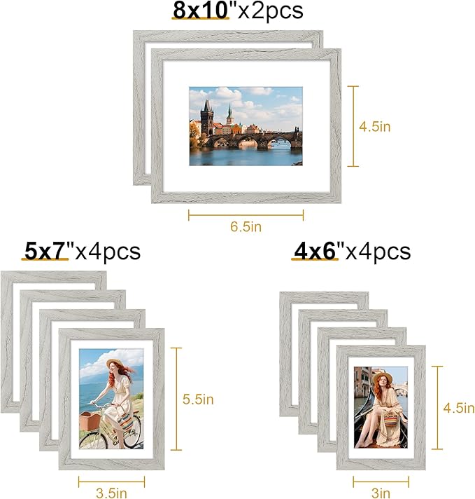 decorUhome Picture Frames Collage Wall Decor for Photo Gallery Display, Assorted Picture Frames set of 10 Including Two 8x10 / Four 5x7 / Four 4x6 for Family Wall Decor, Grey, 10 Pack