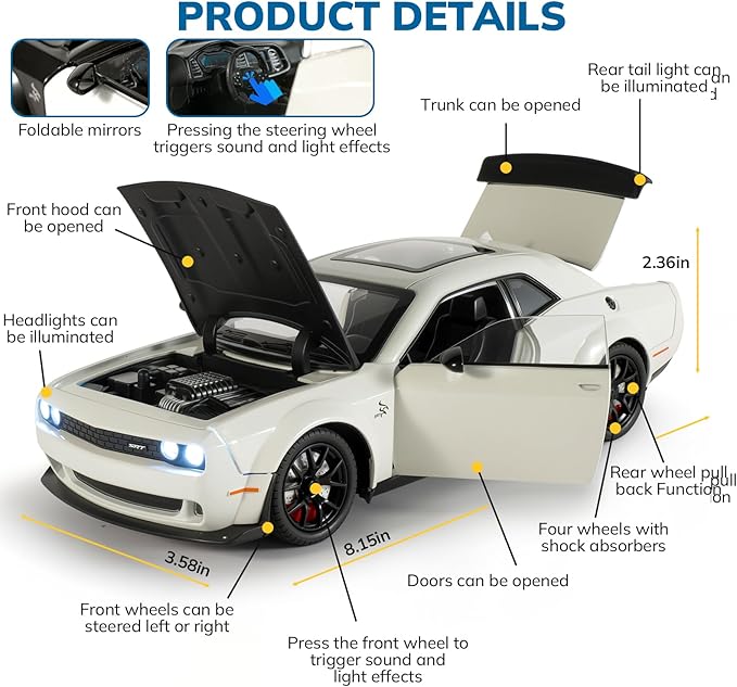 Car Toys for Boys 1/24 Diecast Cars Hellcat SRT Collectibles Model Kit,Pull Back Metal Toy Car with Lights and Sounds,Toy Cars for Boys Age 4-7（White）