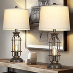 28" Vintage Table Lamps for Living Room, Industrial Farmhouse Table Lamp with USB C+A Ports & Outlet, Rustic Nightstand Bedside Lamps with 2 Night Light for Bedroom End Tables Bronze, 4 Bulbs Included