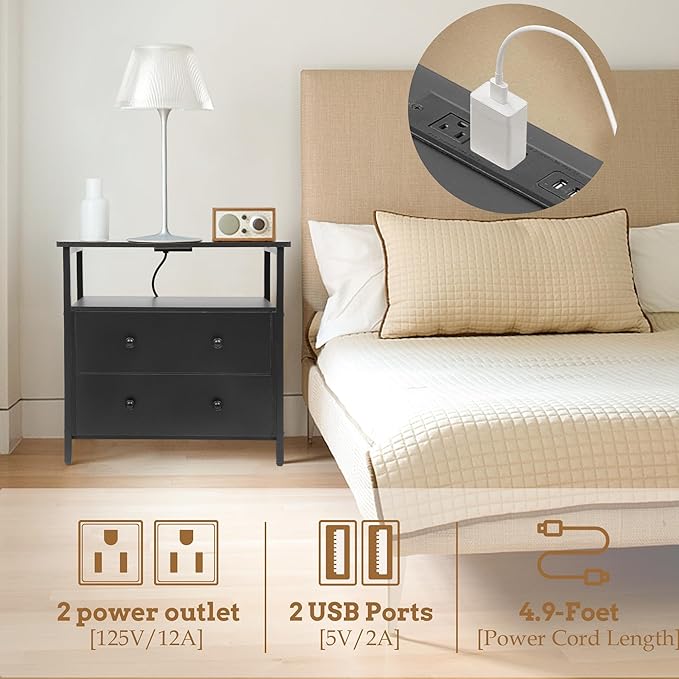27 inch Wide Night Stand with Charging Station, Bedside Table with Open Shelf, 2 Drawers Small Wood Dresser, Modern Wood Nightstand for Bedroom/Living Room (Black)