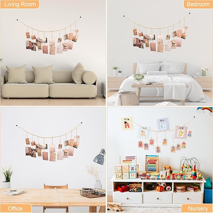 Hanging Photo Display with 18 Wood Clips, Boho Wooden Bead Wall Décor for Bedroom, Living Room, Dorm, Kids Art Picture Display