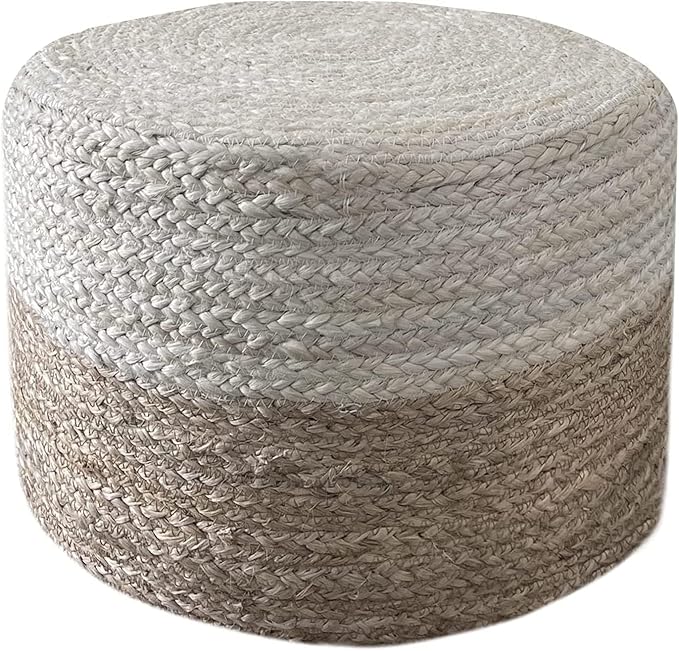 Jute Pouf Ottoman | Footrest Pouf | Hand Braided - Round Boho Pouffe - for Living Room, Bedroom, Nursery (20"x20"x10") Ivory