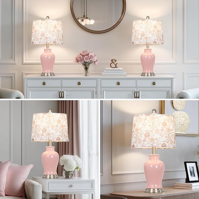 Pink Ceramic Table Lamp with Flower Lampshade, 23" Cute Bedroom Lamp with Ginger Jar Design, Modern Living Room Lamps Set 2, Elegant Bedside Lamps for Nightstand End Table Home Decor
