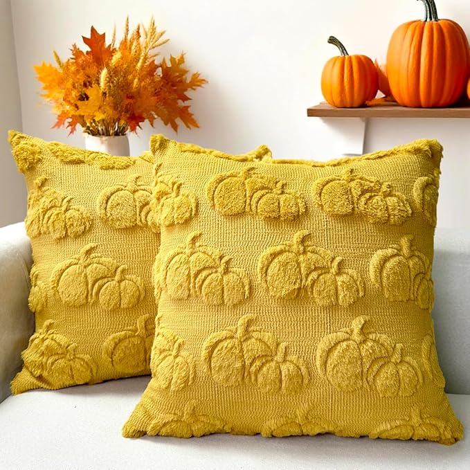 Booque Valley Fall Decorative Pillow Covers Set of 2 20 x 20 inch Soft Plush Faux Fur Wool Pumpkin Throw Pillowcases for Autumn Halloween Farmhouse Home Decor, Mustard Yellow