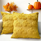 Booque Valley Fall Decorative Pillow Covers Set of 2 18 x 18 inch Soft Plush Faux Fur Wool Pumpkin Throw Pillowcases for Autumn Halloween Farmhouse Home Decor, Mustard Yellow