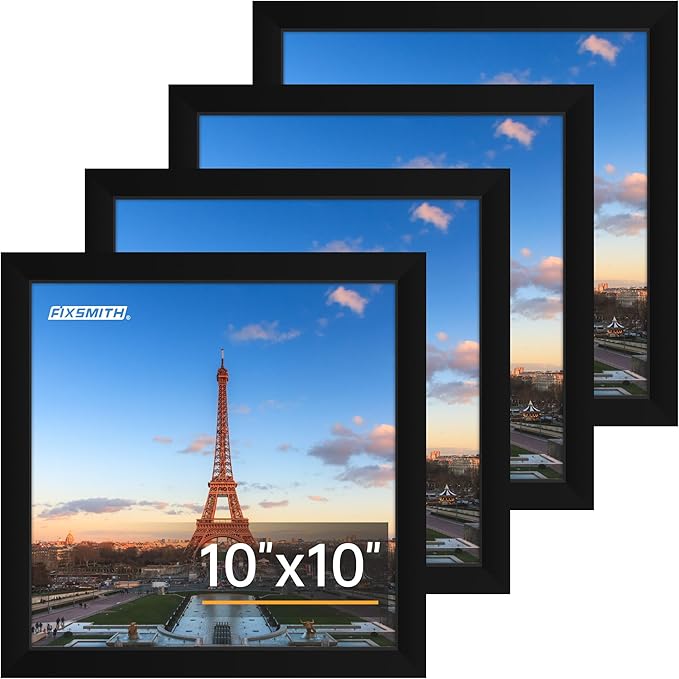 FIXSMITH 10x10 Picture Frame Set of 4, Photo Frame with HD Plexiglass, Display Pictures 8x8 with Mat or 10x10 Without Mat, Black Picture Frames Collage Wall Decor, Gallary Wall Frame