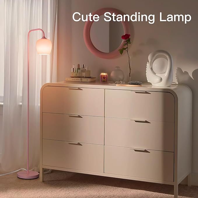 ONEWISH Pink Floor Lamp-Modern Standing Lamp for Living Room Bedroom, Glass Lamp Shade, LED Bulb Included, Cute Simple Design, for Girls Women