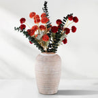 6 Artificial Silk Flowers + 3 Eucalyptus, Artificial Chrysanthemums with Stems for Home Decor, Burnt Orange and Red Mix