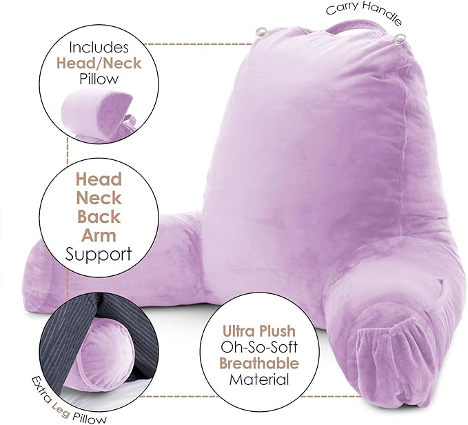 Nestl Reading Pillow Large Bed Pillow, Back Pillow for Sitting in Bed Shredded Memory Foam Chair Pillow, Reading & Bed Rest Pillows Lavender Back Pillow for Bed, Bed Chair Arm Pillow with Pockets