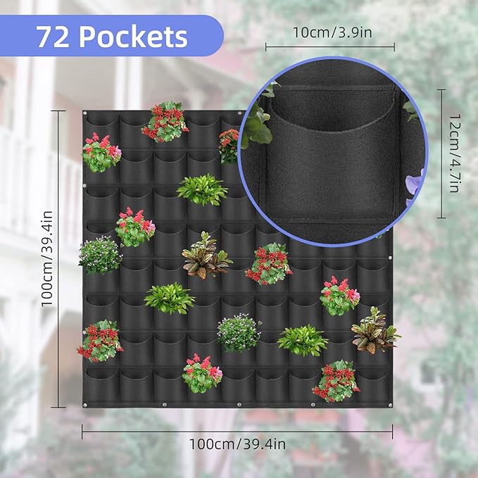 72 Pockets Hanging Planter Bags, Hanging Vertical Wall Mounted Plant Planting Grow Bags, Herb Garden Planter Outdoor Indoor Growing Bag, Gardening Vertical Greening Flower Container(1m×1m, Black)