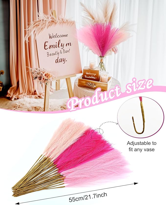 48pcs Pink Faux Pampas Grass Decor, 21.7inch Hot Pink Short Artificial Pompous Grass Fluffy Fake Pompas Grass Branches Vase Filler Flower Arrangement for Outdoors Wedding Centerpieces Decor